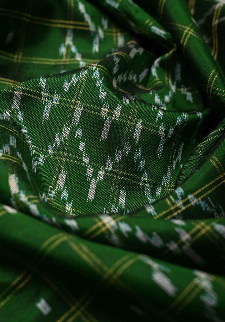 Bottle Green Zari Checks on Pochampally Ikkat Pure Silk Saree with Panel Design and Contrast Border | SILK MARK CERTIFIED