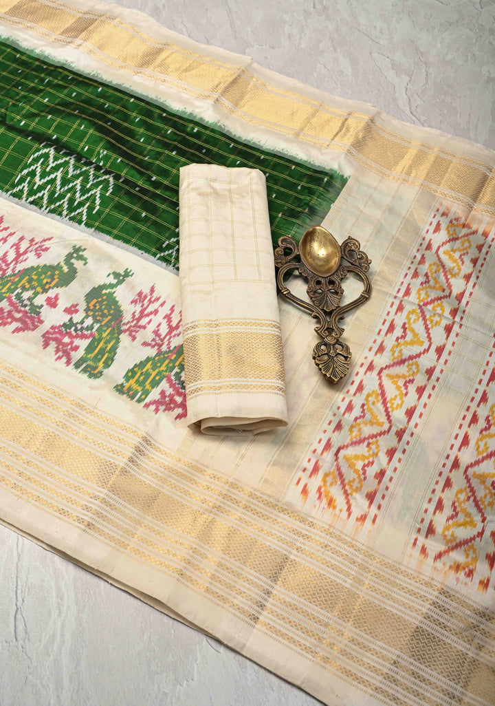 Bottle Green Zari Checks on Pochampally Ikkat Pure Silk Saree with Panel Design and Contrast Border | SILK MARK CERTIFIED
