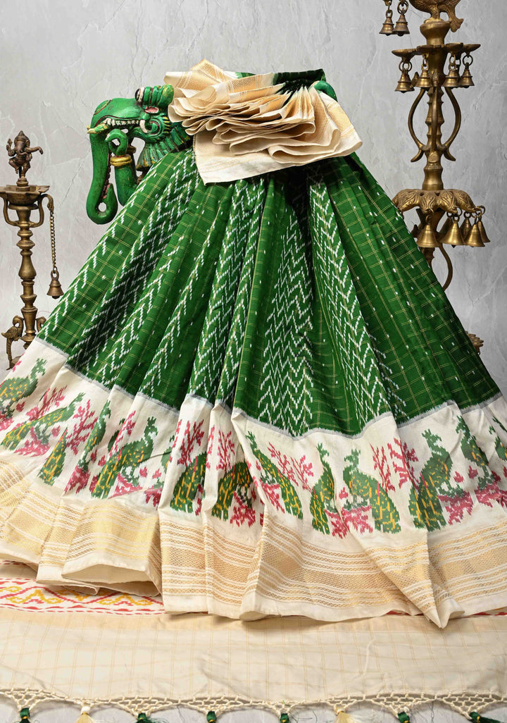 Bottle Green Zari Checks on Pochampally Ikkat Pure Silk Saree with Panel Design and Contrast Border | SILK MARK CERTIFIED