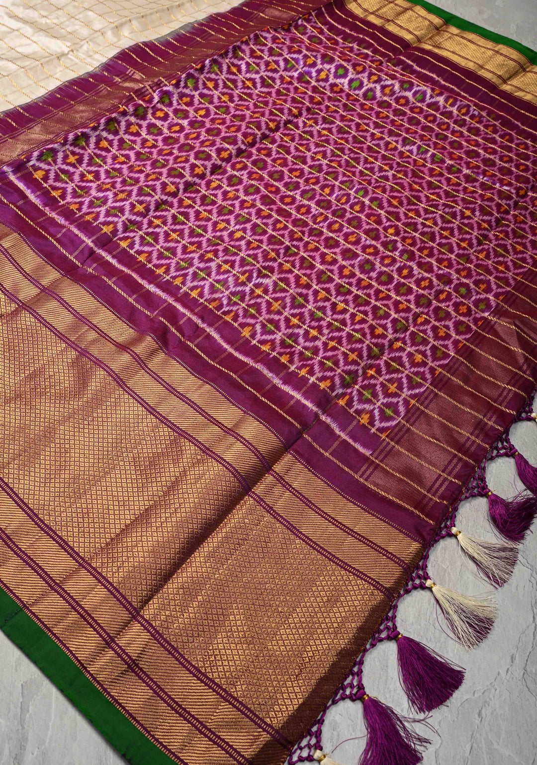 Off White Pochampally Ikkat Pure Silk Saree with Zari Checks and Contrast Wide Zari Border | SILK MARK CERTIFIED