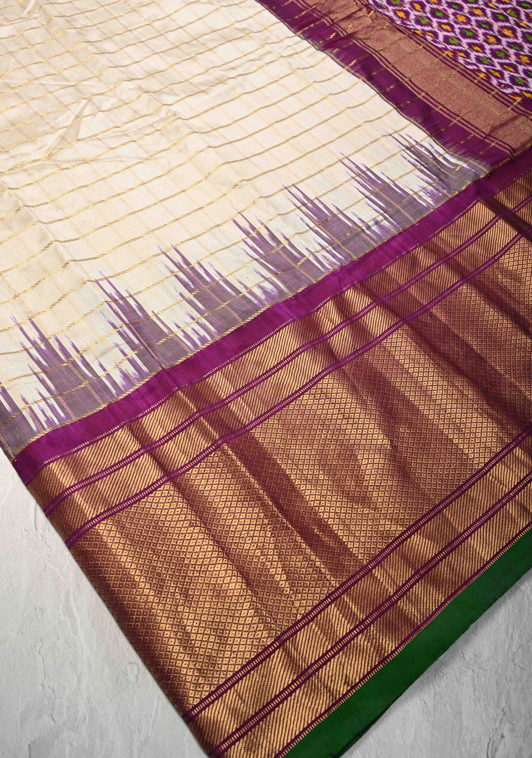 Off White Pochampally Ikkat Pure Silk Saree with Zari Checks and Contrast Wide Zari Border | SILK MARK CERTIFIED