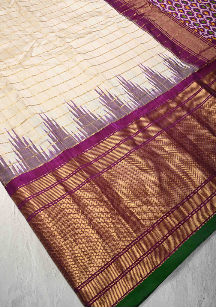 Off White Pochampally Ikkat Pure Silk Saree with Zari Checks and Contrast Wide Zari Border | SILK MARK CERTIFIED