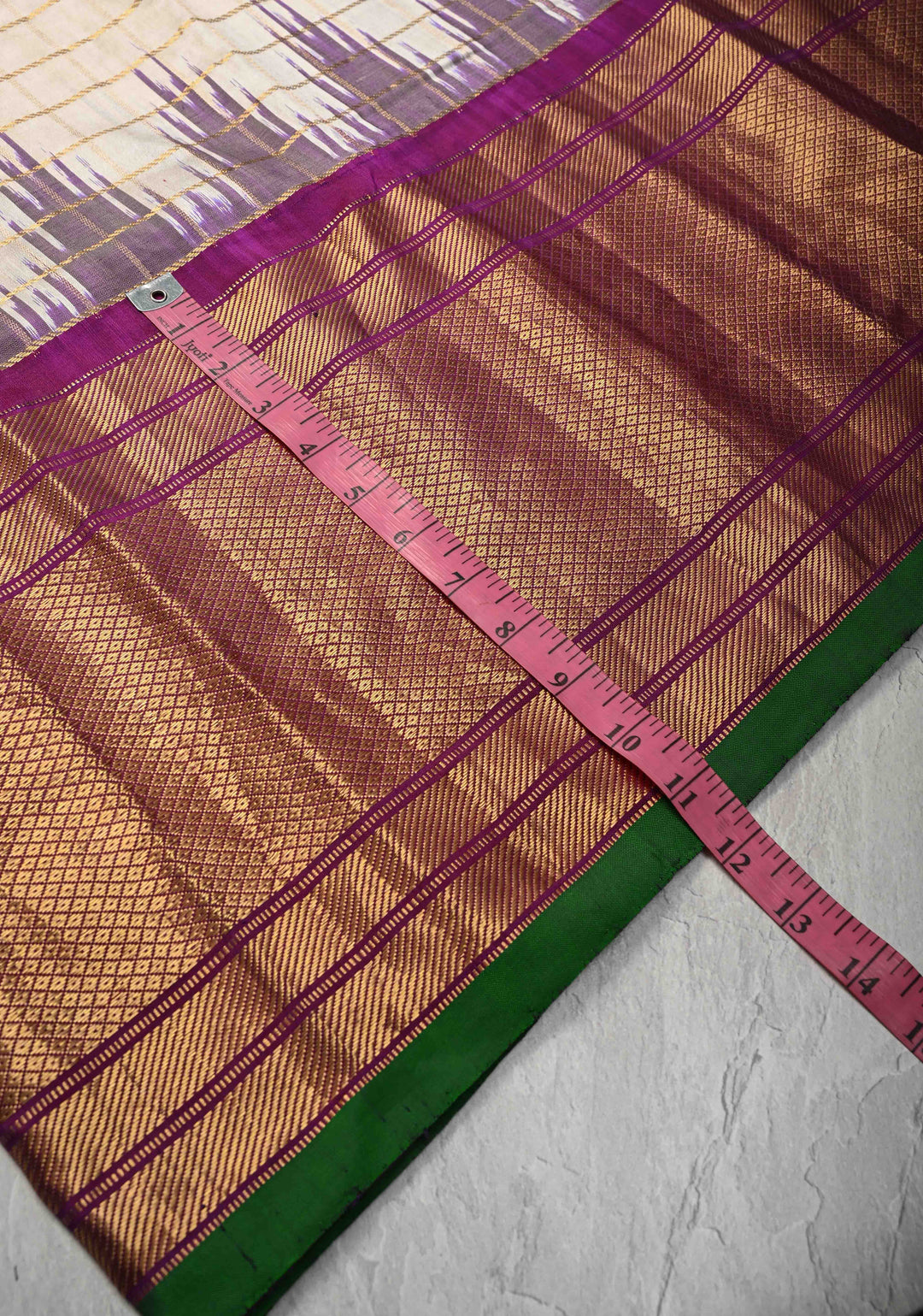 Off White Pochampally Ikkat Pure Silk Saree with Zari Checks and Contrast Wide Zari Border | SILK MARK CERTIFIED