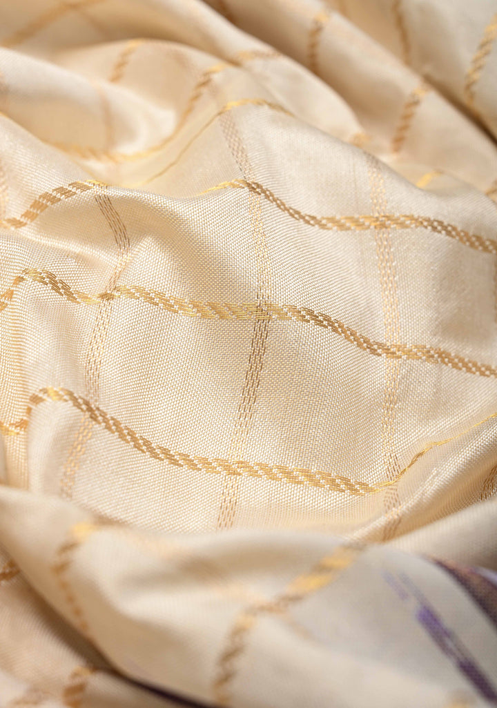 Off White Pochampally Ikkat Pure Silk Saree with Zari Checks and Contrast Wide Zari Border | SILK MARK CERTIFIED