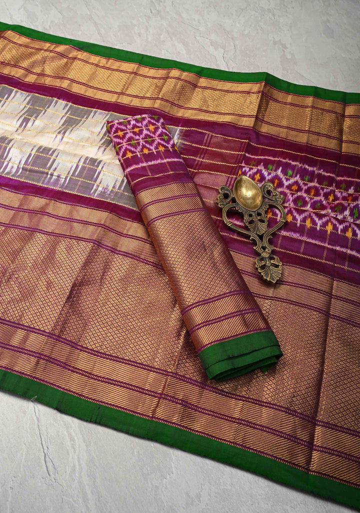 Off White Pochampally Ikkat Pure Silk Saree with Zari Checks and Contrast Wide Zari Border | SILK MARK CERTIFIED