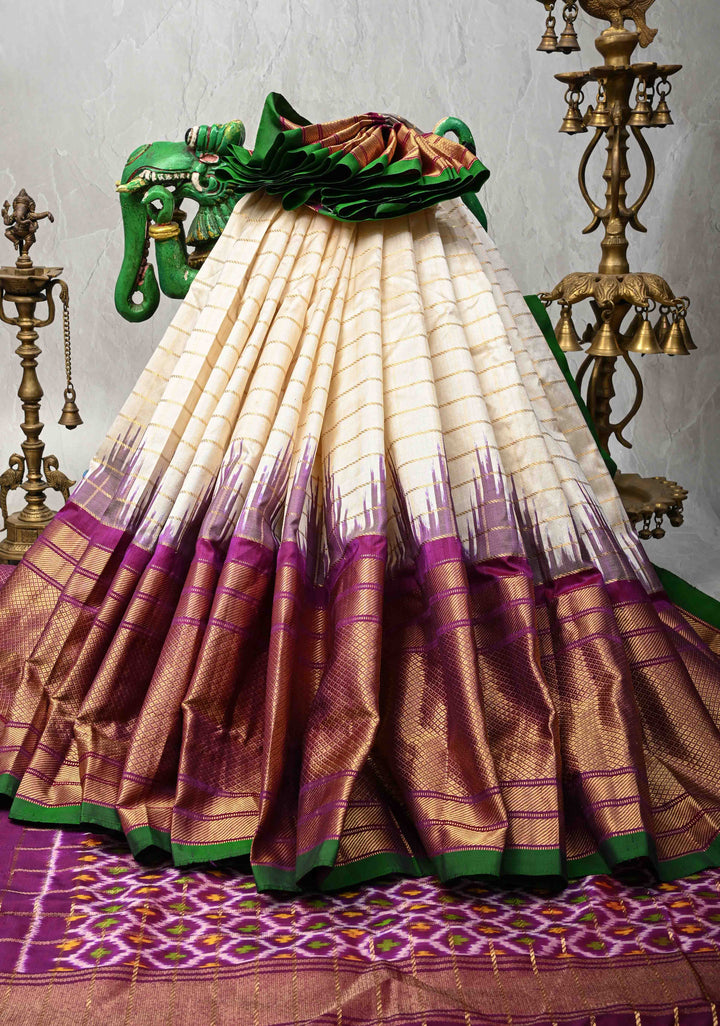 Off White Pochampally Ikkat Pure Silk Saree with Zari Checks and Contrast Wide Zari Border | SILK MARK CERTIFIED