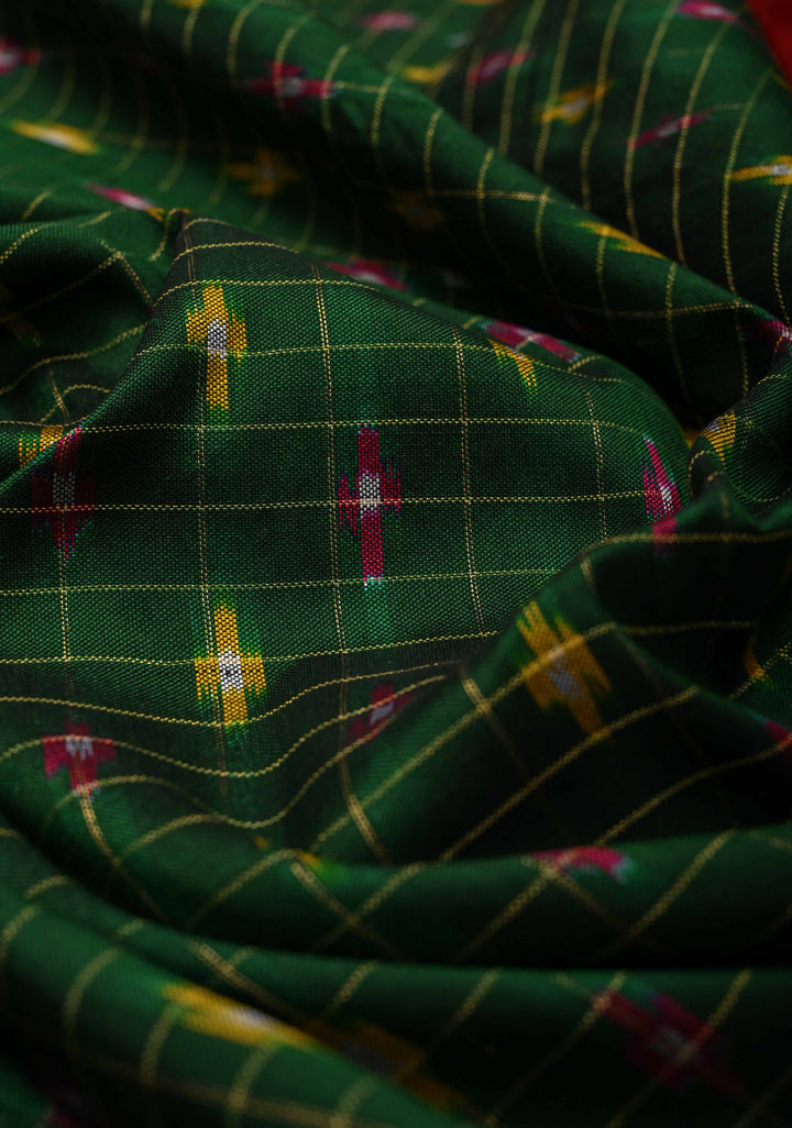 Dark Green Ikkat Patola Kanjivaram Fusion Silk Saree with Tissue Panel and Zari Border | SILK MARK CERTIFIED