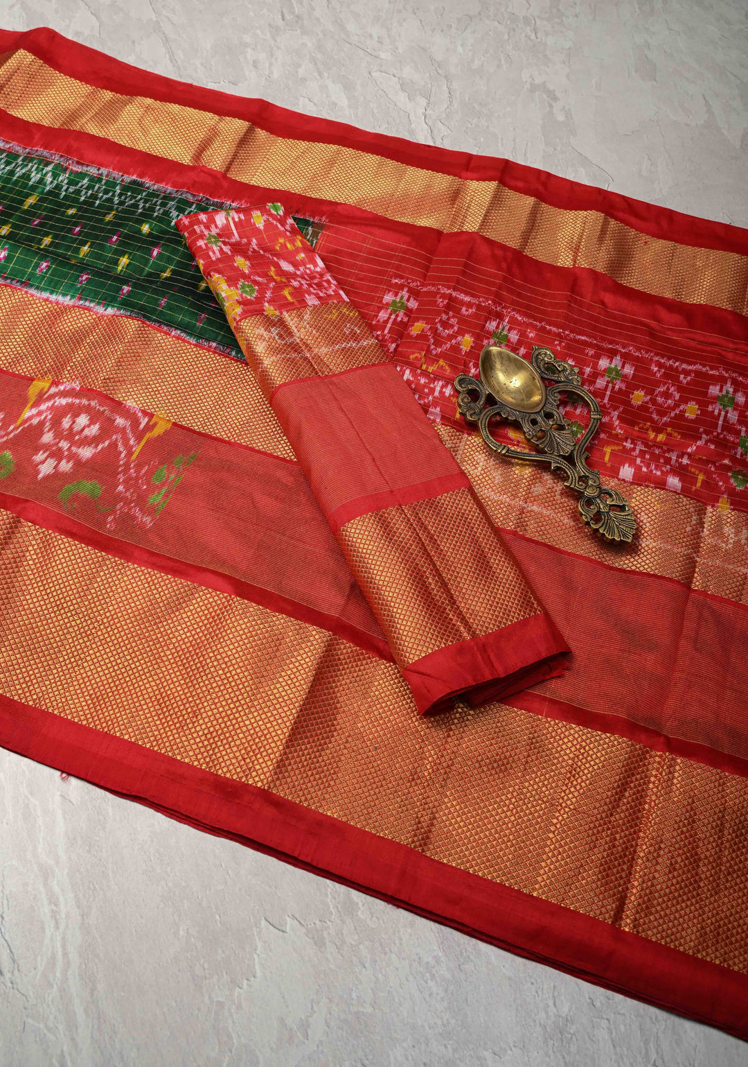 Dark Green Ikkat Patola Kanjivaram Fusion Silk Saree with Tissue Panel and Zari Border | SILK MARK CERTIFIED