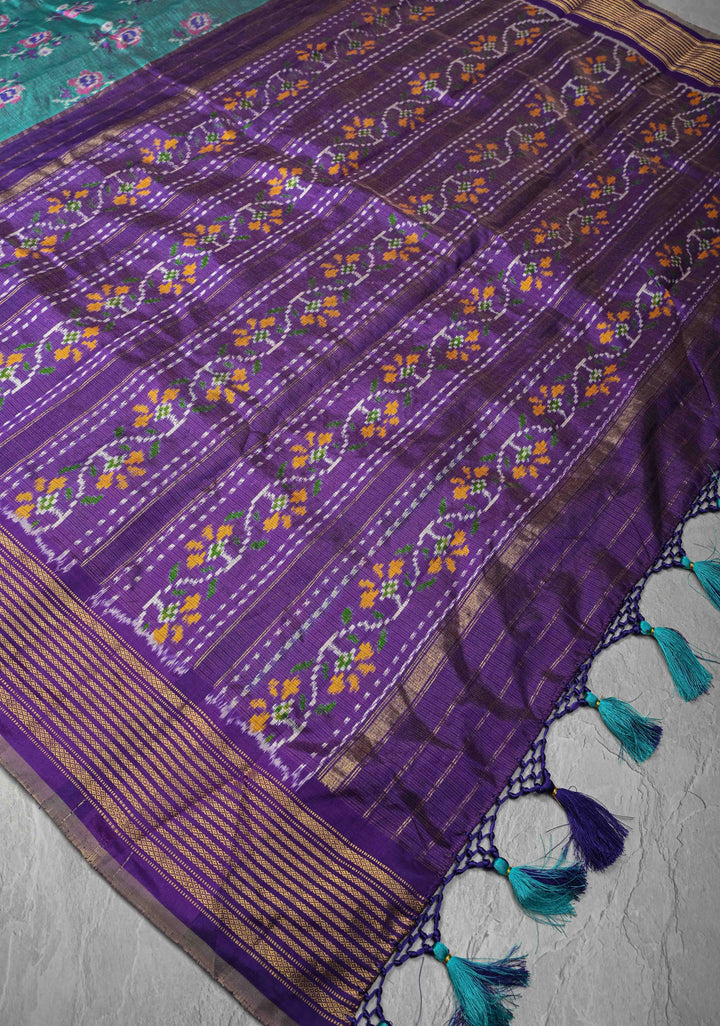 Teal Pochampally Kota Tissue Ikkat Pure Silk Saree with Floral Buttas and Zari Border | SILK MARK CERTIFIED