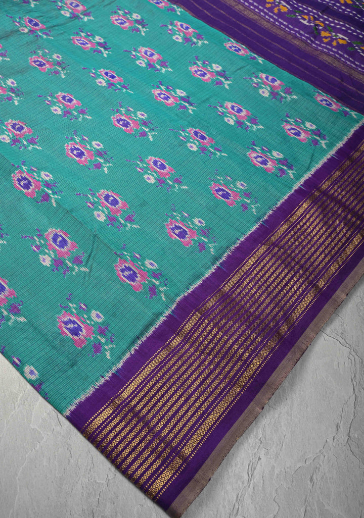Teal Pochampally Kota Tissue Ikkat Pure Silk Saree with Floral Buttas and Zari Border | SILK MARK CERTIFIED