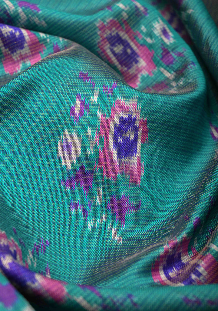 Teal Pochampally Kota Tissue Ikkat Pure Silk Saree with Floral Buttas and Zari Border | SILK MARK CERTIFIED