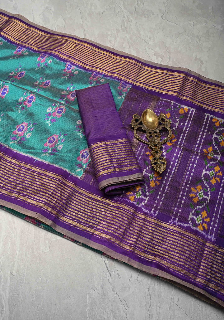 Teal Pochampally Kota Tissue Ikkat Pure Silk Saree with Floral Buttas and Zari Border | SILK MARK CERTIFIED
