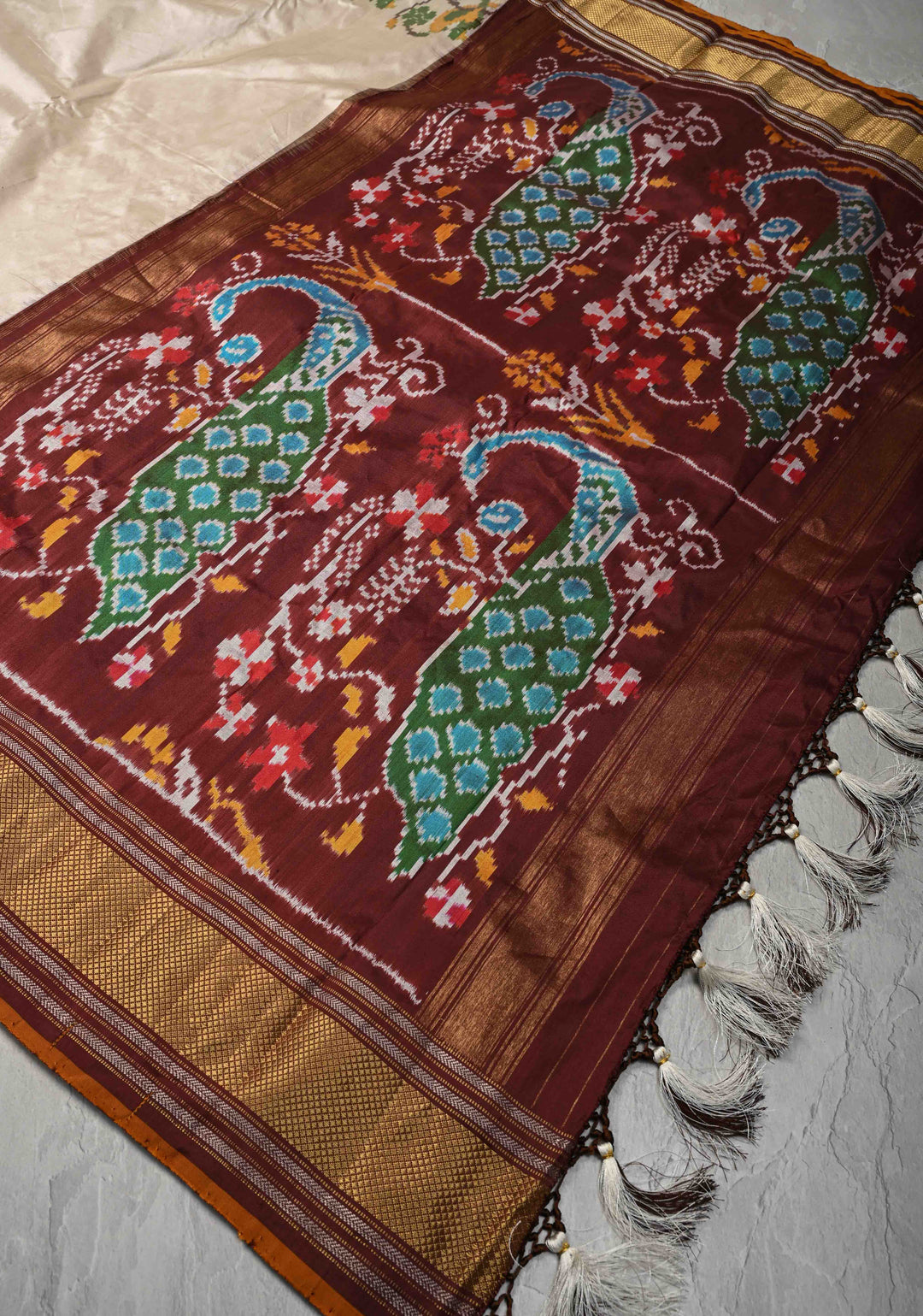 Beige Pochampally Ikkat Pure Silk Saree with Parrot Panel and Zari Border | SILK MARK CERTIFIED