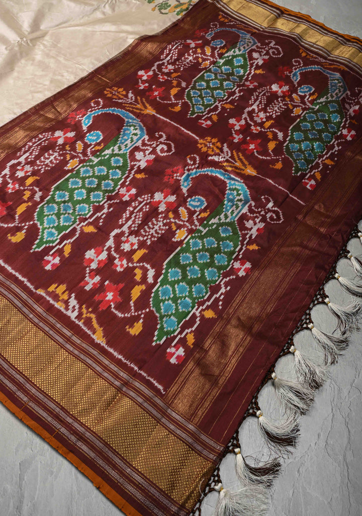 Beige Pochampally Ikkat Pure Silk Saree with Parrot Panel and Zari Border | SILK MARK CERTIFIED