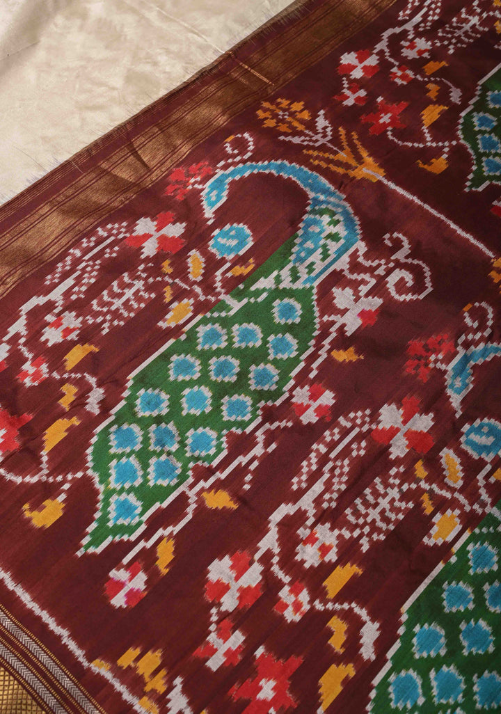 Beige Pochampally Ikkat Pure Silk Saree with Parrot Panel and Zari Border | SILK MARK CERTIFIED