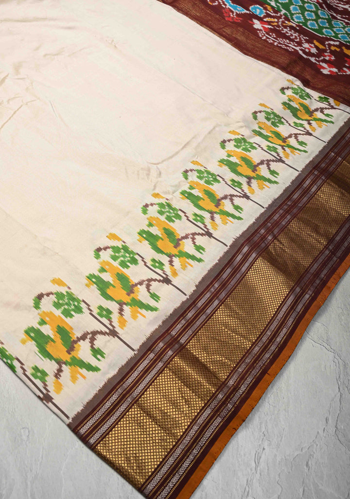 Beige Pochampally Ikkat Pure Silk Saree with Parrot Panel and Zari Border | SILK MARK CERTIFIED