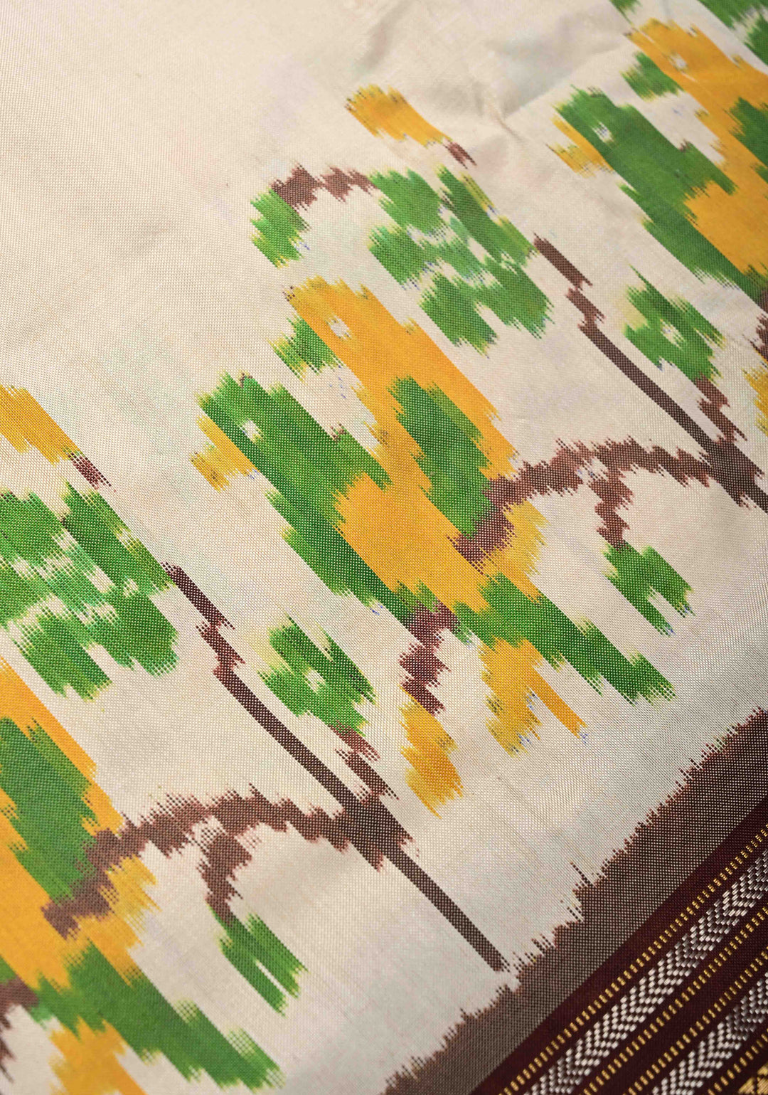 Beige Pochampally Ikkat Pure Silk Saree with Parrot Panel and Zari Border | SILK MARK CERTIFIED