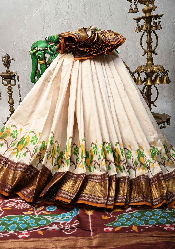 Beige Pochampally Ikkat Pure Silk Saree with Parrot Panel and Zari Border | SILK MARK CERTIFIED