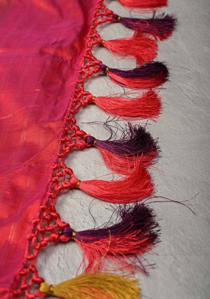 Purple Ikkat Patola Kanjivaram Fusion Silk Saree with Contrast Pink Zari Border | SILK MARK CERTIFIED