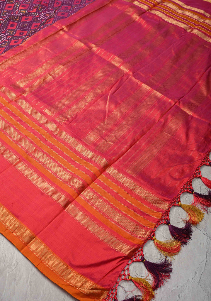 Purple Ikkat Patola Kanjivaram Fusion Silk Saree with Contrast Pink Zari Border | SILK MARK CERTIFIED