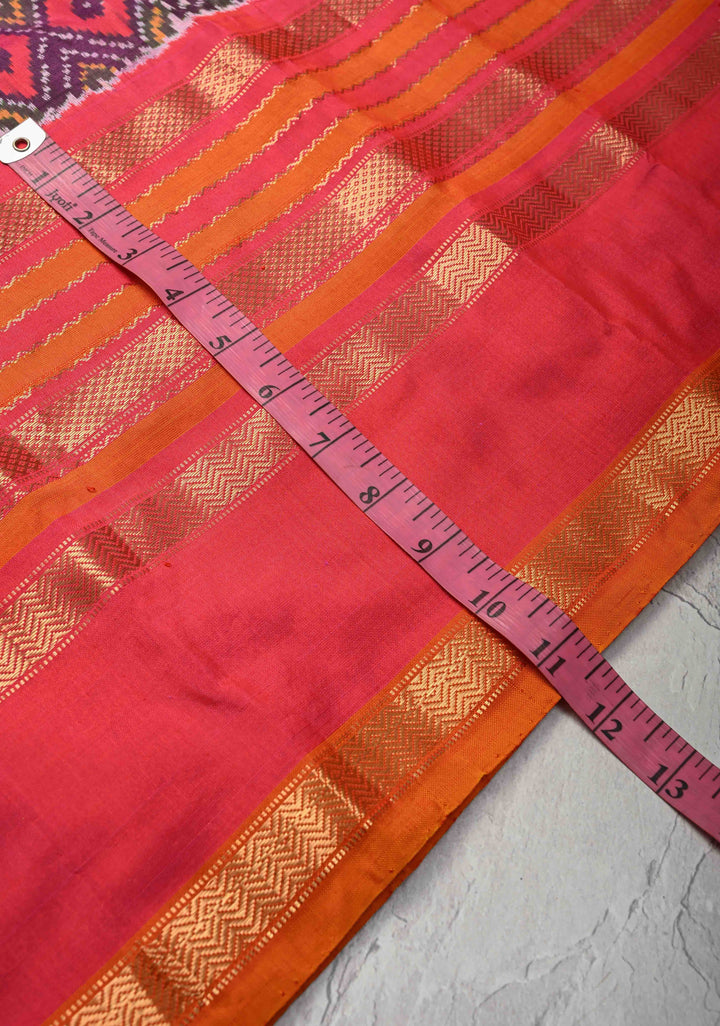 Purple Ikkat Patola Kanjivaram Fusion Silk Saree with Contrast Pink Zari Border | SILK MARK CERTIFIED