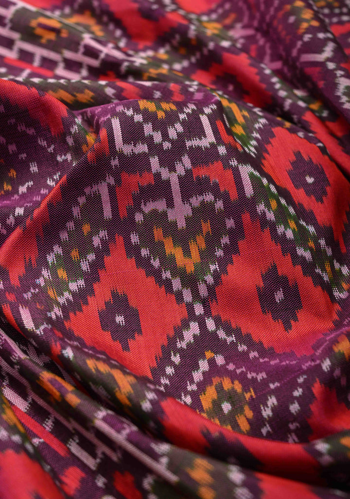 Purple Ikkat Patola Kanjivaram Fusion Silk Saree with Contrast Pink Zari Border | SILK MARK CERTIFIED