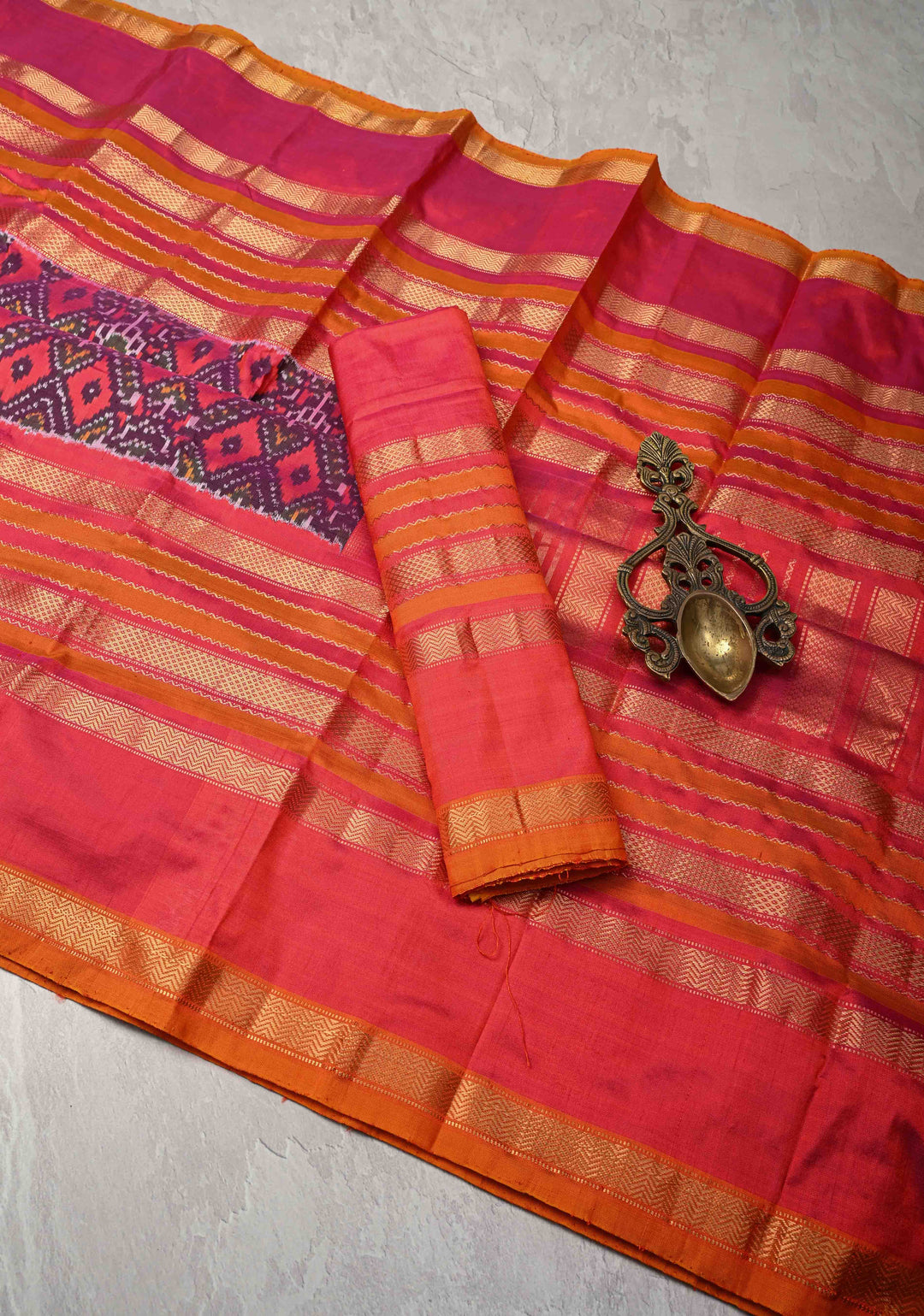 Purple Ikkat Patola Kanjivaram Fusion Silk Saree with Contrast Pink Zari Border | SILK MARK CERTIFIED