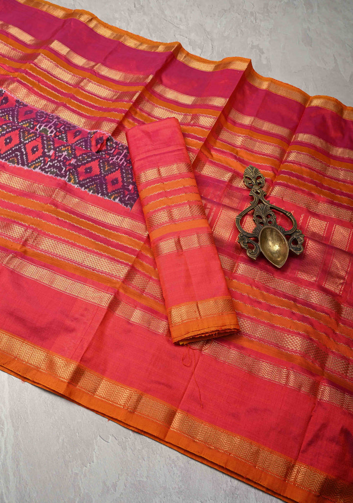 Purple Ikkat Patola Kanjivaram Fusion Silk Saree with Contrast Pink Zari Border | SILK MARK CERTIFIED