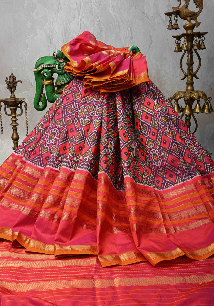 Purple Ikkat Patola Kanjivaram Fusion Silk Saree with Contrast Pink Zari Border | SILK MARK CERTIFIED