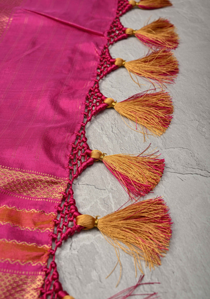 Fuchsia Pochampally Ikkat Pure Silk Saree with Brocade and Wide Zari Border  | SILK MARK CERTIFIED
