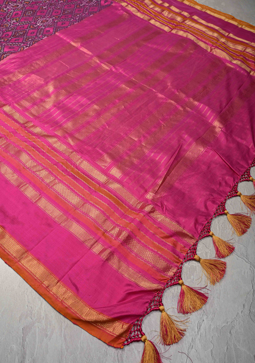 Fuchsia Pochampally Ikkat Pure Silk Saree with Brocade and Wide Zari Border  | SILK MARK CERTIFIED