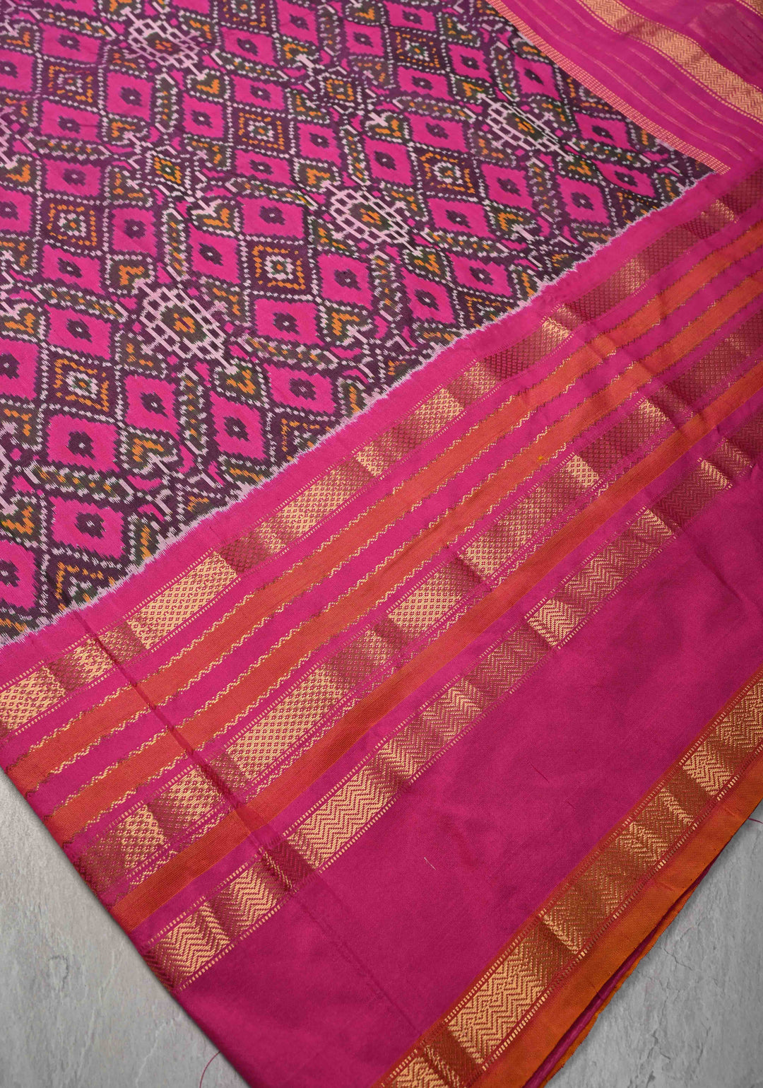 Fuchsia Pochampally Ikkat Pure Silk Saree with Brocade and Wide Zari Border  | SILK MARK CERTIFIED