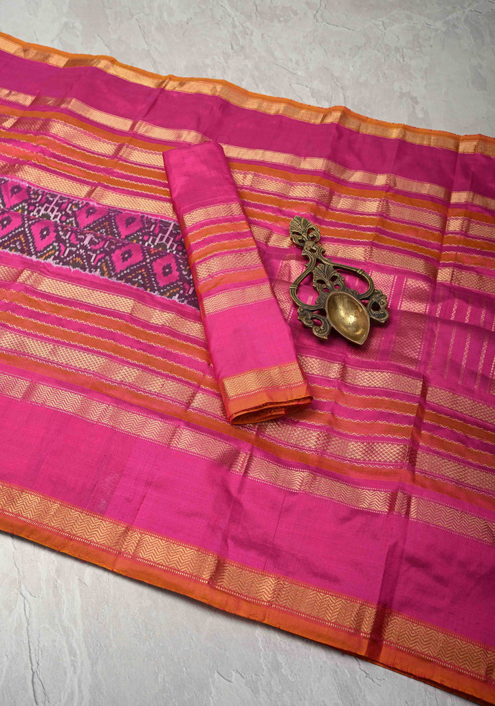 Fuchsia Pochampally Ikkat Pure Silk Saree with Brocade and Wide Zari Border  | SILK MARK CERTIFIED