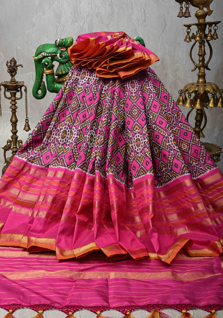 Fuchsia Pochampally Ikkat Pure Silk Saree with Brocade and Wide Zari Border  | SILK MARK CERTIFIED