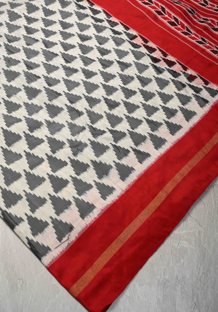 Off White Pochampally Ikkat Pure Silk Saree Patola Brocade and Contrast Zari Border | SILK MARK CERTIFIED