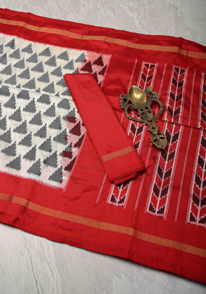 Off White Pochampally Ikkat Pure Silk Saree Patola Brocade and Contrast Zari Border | SILK MARK CERTIFIED