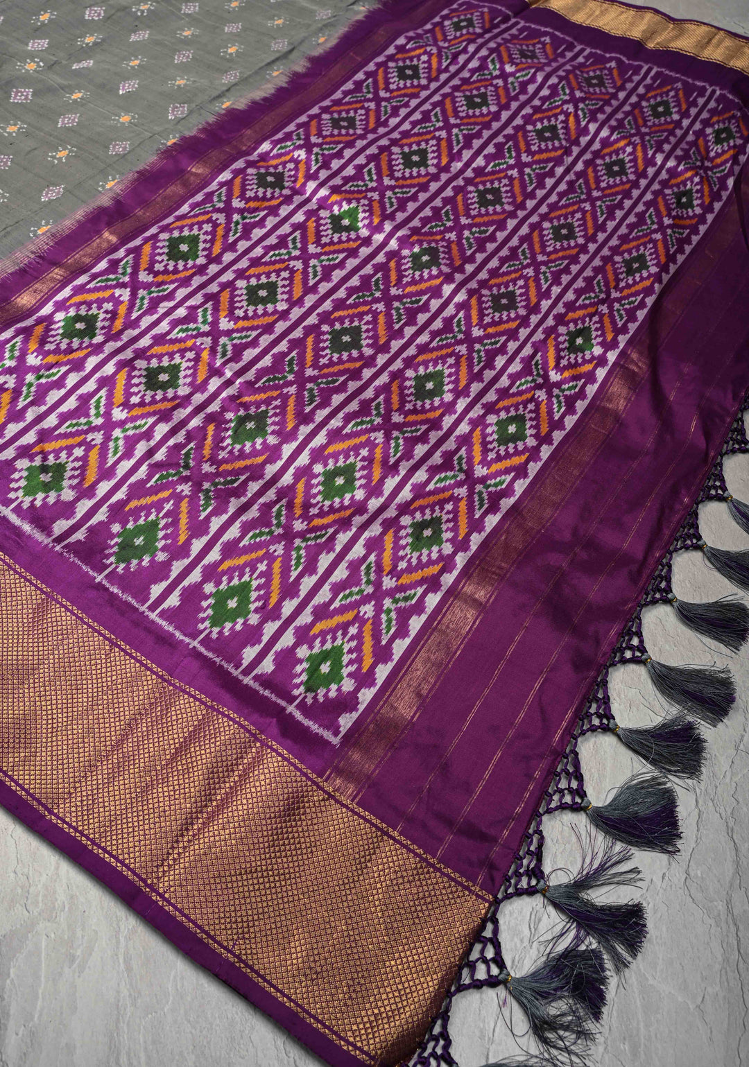Gray Pochampally Ikkat Pure Silk Saree with Buttas and Zari Border  | SILK MARK CERTIFIED