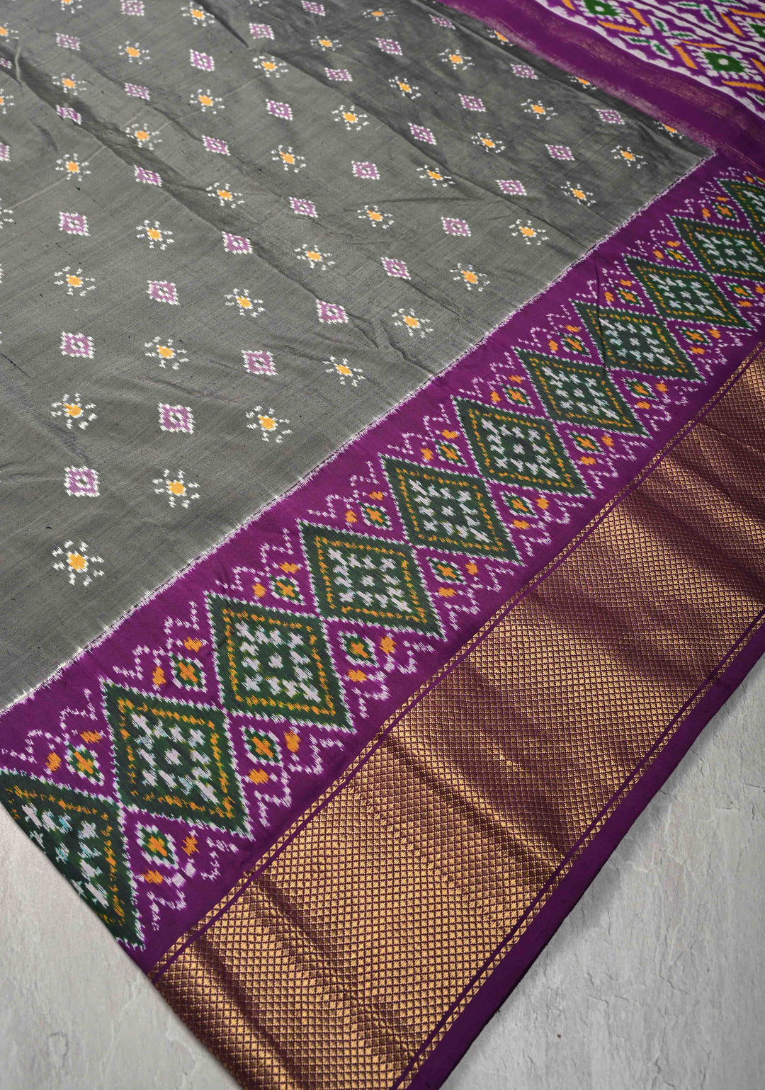 Gray Pochampally Ikkat Pure Silk Saree with Buttas and Zari Border  | SILK MARK CERTIFIED