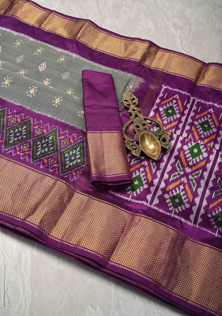 Gray Pochampally Ikkat Pure Silk Saree with Buttas and Zari Border  | SILK MARK CERTIFIED