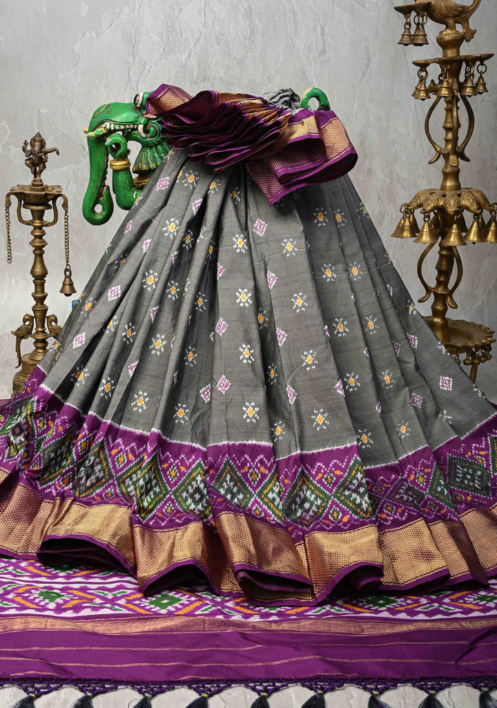 Gray Pochampally Ikkat Pure Silk Saree with Buttas and Zari Border  | SILK MARK CERTIFIED