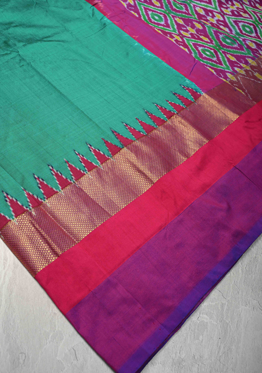 Rama Green Pochampally Ikkat Pure Silk Saree with Ganga Jamuna Panel Border | SILK MARK CERTIFIED
