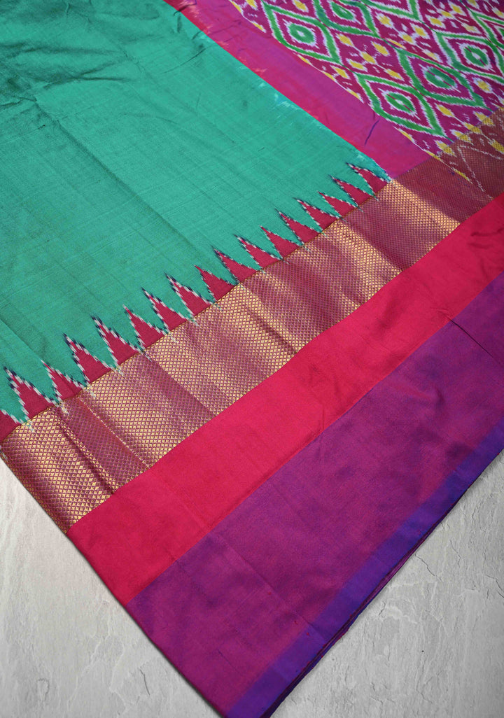 Rama Green Pochampally Ikkat Pure Silk Saree with Ganga Jamuna Panel Border | SILK MARK CERTIFIED