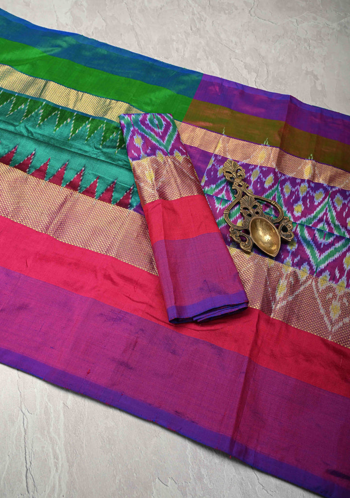 Rama Green Pochampally Ikkat Pure Silk Saree with Ganga Jamuna Panel Border | SILK MARK CERTIFIED
