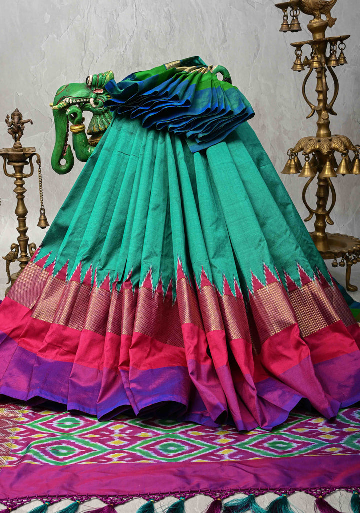Rama Green Pochampally Ikkat Pure Silk Saree with Ganga Jamuna Panel Border | SILK MARK CERTIFIED
