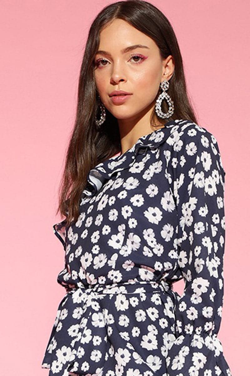 Navy Blue Polyester One Shoulder Floral Print Jumpsuit | SHOBITAM