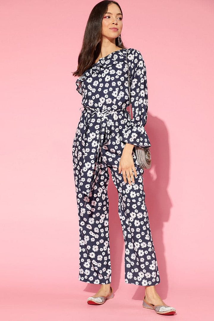 Navy Blue Polyester One Shoulder Floral Print Jumpsuit | SHOBITAM