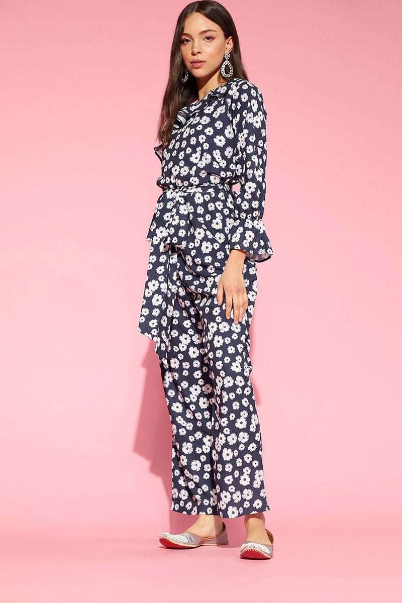 Navy Blue Polyester One Shoulder Floral Print Jumpsuit | SHOBITAM