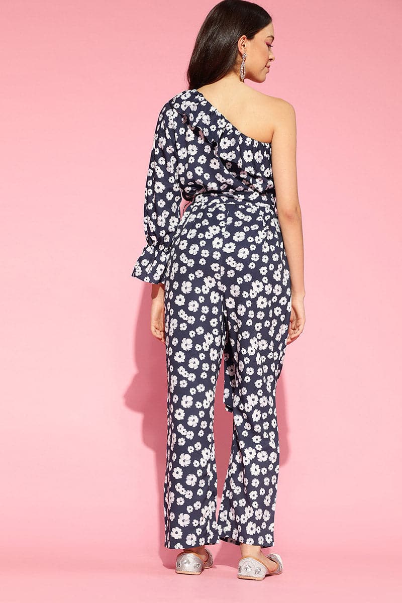 Navy Blue Polyester One Shoulder Floral Print Jumpsuit | SHOBITAM