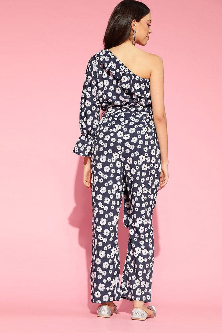 Navy Blue Polyester One Shoulder Floral Print Jumpsuit | SHOBITAM