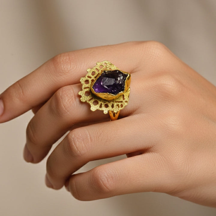 Gold Plated Brass Handcrafted Natural Stone Ring  | SHOBITAM